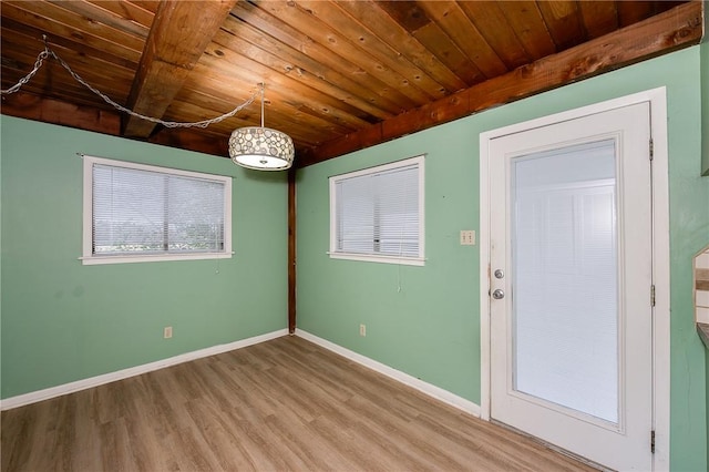 unfurnished room with beamed ceiling, wood-type flooring, and wood ceiling