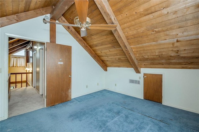 additional living space featuring carpet flooring, lofted ceiling with beams, and wood ceiling