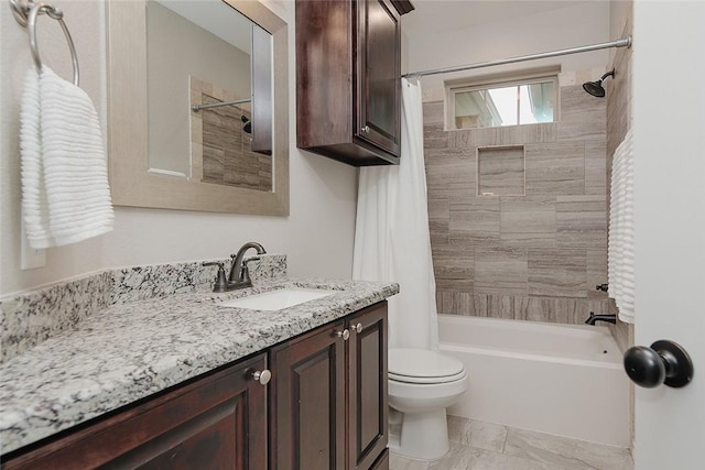 full bathroom with shower / bathtub combination with curtain, vanity, and toilet