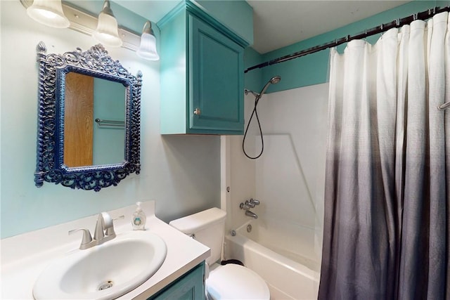 bathroom featuring shower / bath combination with curtain, toilet, and vanity