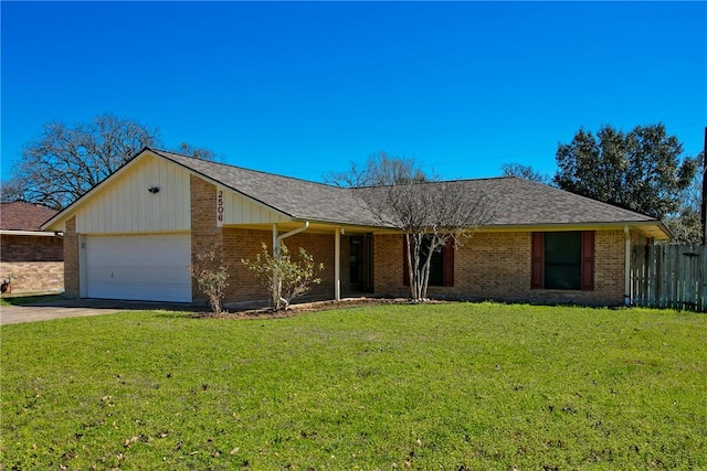 ranch-style house with brick siding, a front lawn, fence, concrete driveway, and an attached garage