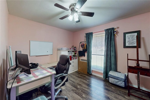 office area with a ceiling fan and wood finished floors