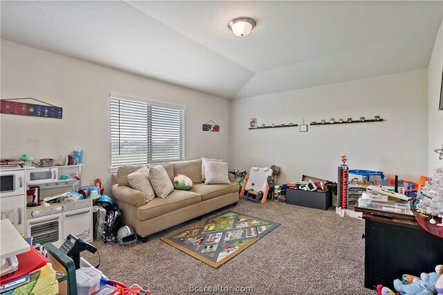 rec room with carpet floors and lofted ceiling