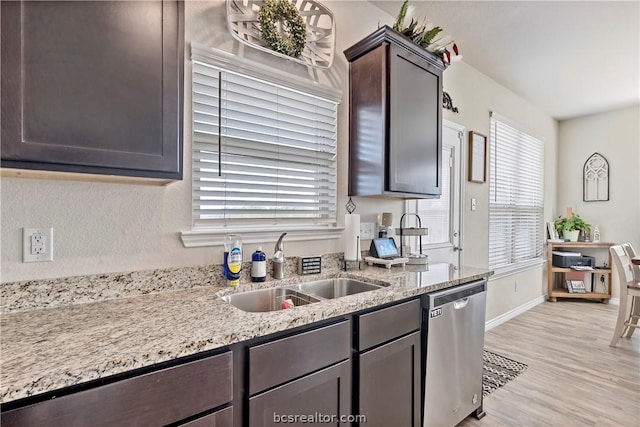 kitchen featuring dark brown cabinetry, a wealth of natural light, stainless steel dishwasher, and light wood-type flooring