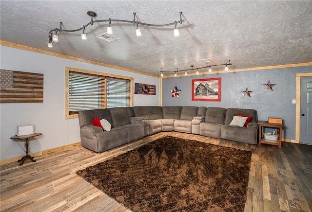 living room with hardwood / wood-style floors, ornamental molding, and a textured ceiling