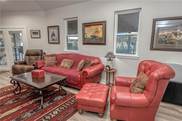 living room featuring light wood-type flooring and a fireplace