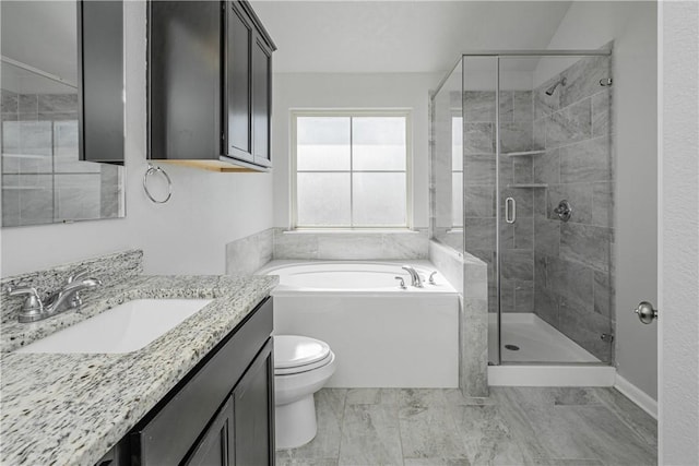 bathroom featuring vanity, a shower stall, toilet, and a bath