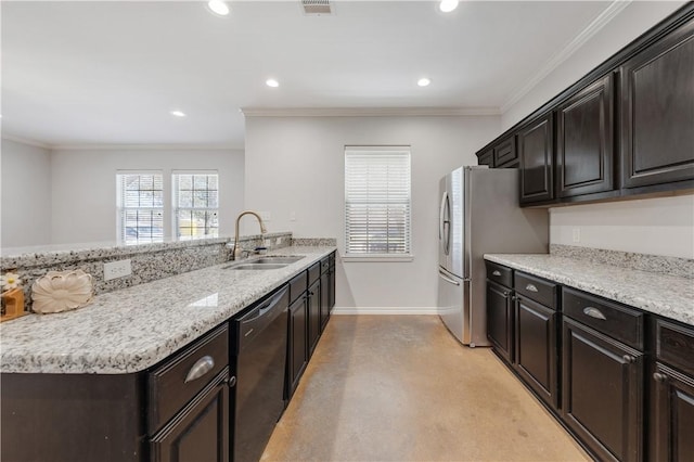 kitchen featuring baseboards, recessed lighting, a sink, dishwasher, and crown molding