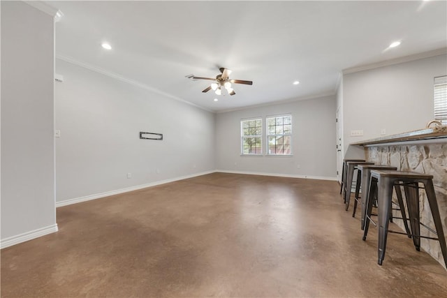 unfurnished living room featuring recessed lighting, baseboards, concrete flooring, and a ceiling fan