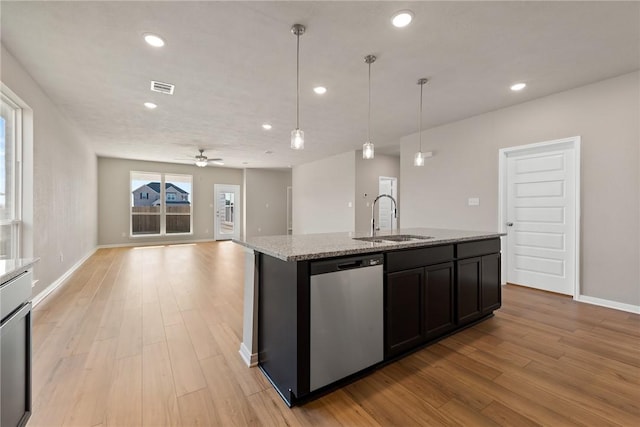 kitchen with dishwasher, sink, light hardwood / wood-style flooring, ceiling fan, and decorative light fixtures