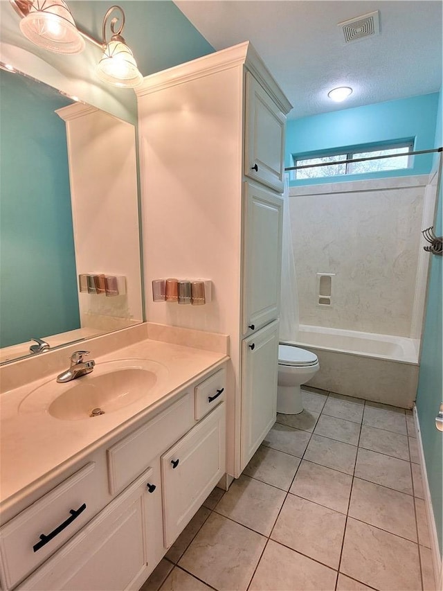 full bathroom featuring shower / bathtub combination, vanity, a textured ceiling, tile patterned flooring, and toilet