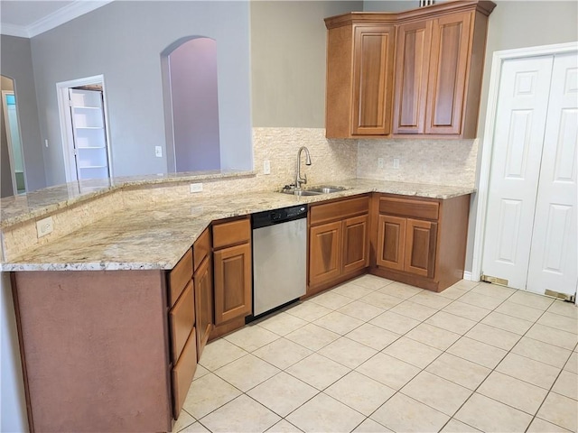 kitchen with backsplash, sink, stainless steel dishwasher, ornamental molding, and kitchen peninsula