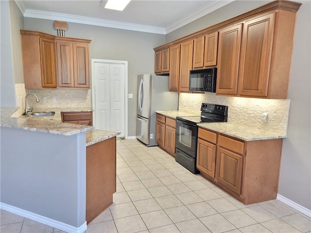 kitchen featuring black appliances, sink, decorative backsplash, light stone countertops, and ornamental molding