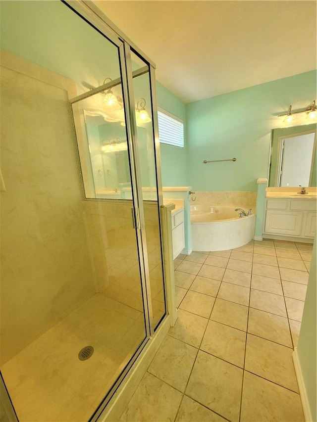 bathroom with vanity, separate shower and tub, and tile patterned floors