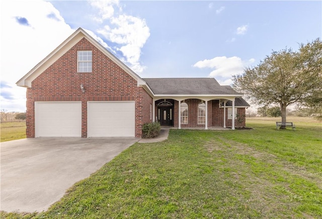 front facade with a front yard, a porch, and a garage