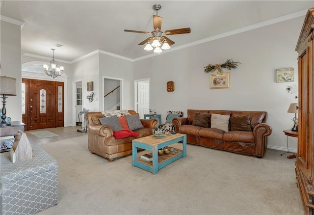 carpeted living room featuring ceiling fan with notable chandelier and ornamental molding