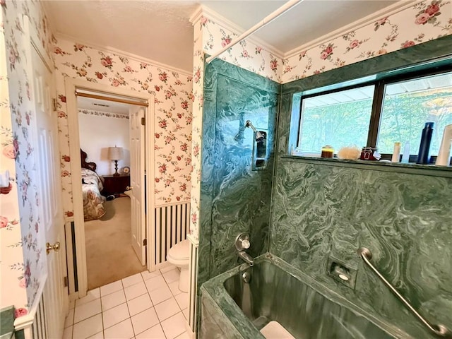 28 Sammy Snead Dr, Hilltop Lakes, TX 77871 - ensuite bathroom with tile patterned flooring, ornamental molding, toilet, wallpapered walls, and shower / bath combination