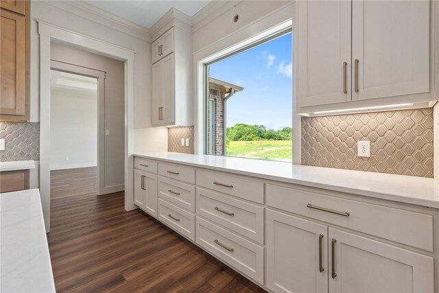 10732 Harvey Ranch Rd, College Station, TX 77845 - kitchen featuring dark wood finished floors, baseboards, white cabinetry, decorative backsplash, and light countertops
