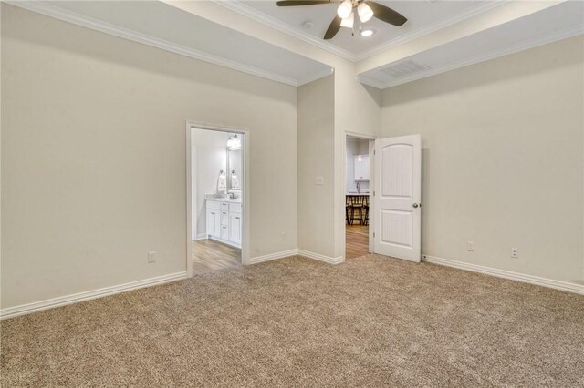 2124 Mountain Wind Loop, Bryan, TX 77807 - unfurnished bedroom with light carpet, ornamental molding, ensuite bath, a ceiling fan, and recessed lighting
