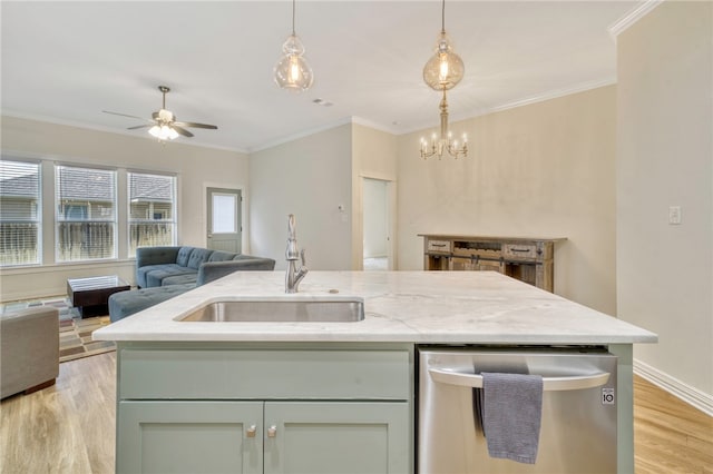 2124 Mountain Wind Loop, Bryan, TX 77807 - kitchen with dishwasher, open floor plan, light wood-style floors, ceiling fan, and crown molding