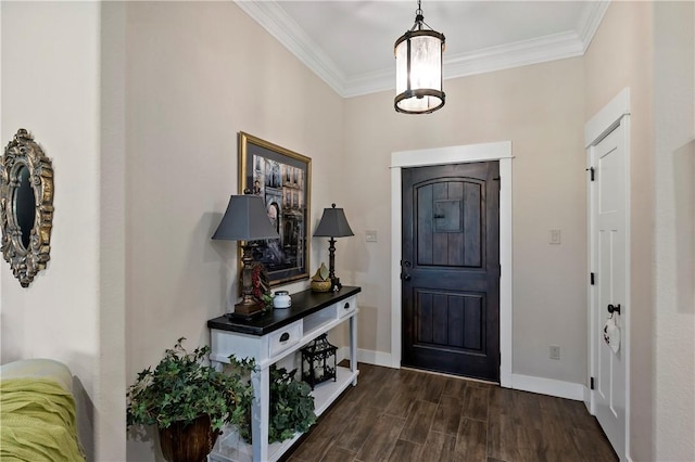 foyer entrance with crown molding, baseboards, and dark wood-type flooring