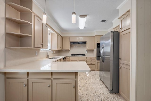 kitchen featuring appliances with stainless steel finishes, light brown cabinetry, hanging light fixtures, and sink