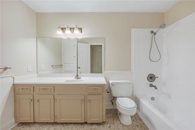 full bathroom featuring toilet, vanity, and bathtub / shower combination