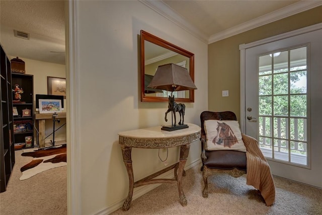 living area with crown molding, carpet, and a textured ceiling