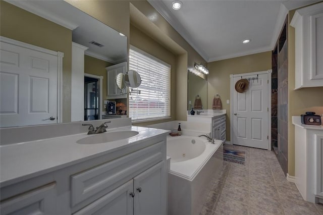 bathroom featuring shower with separate bathtub, vanity, tile patterned floors, and ornamental molding