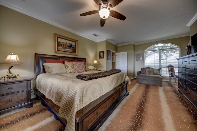 bedroom with ceiling fan and ornamental molding