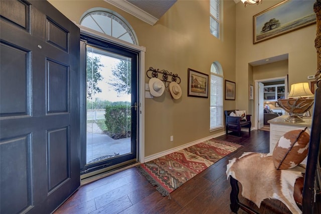 entrance foyer with dark hardwood / wood-style floors and ornamental molding