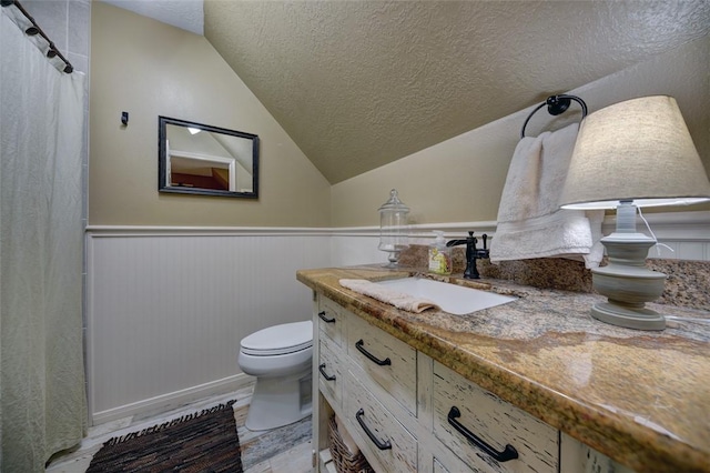 bathroom with vanity, a textured ceiling, toilet, and lofted ceiling