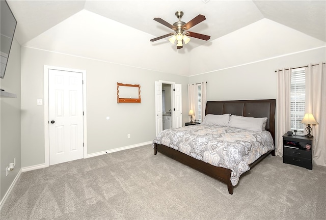 bedroom featuring carpet floors, ceiling fan, and lofted ceiling