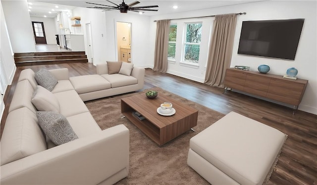 living room featuring recessed lighting, baseboards, wood finished floors, and ceiling fan