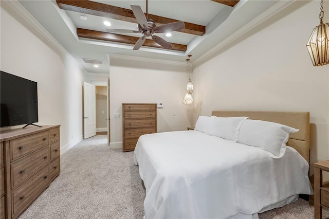 bedroom with recessed lighting, visible vents, light carpet, beamed ceiling, and baseboards