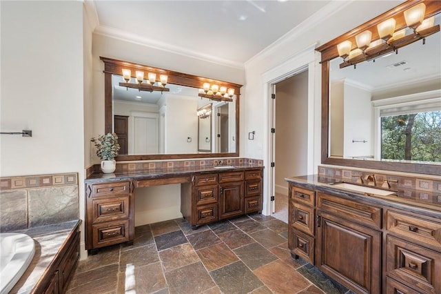 full bathroom featuring vanity, visible vents, and crown molding