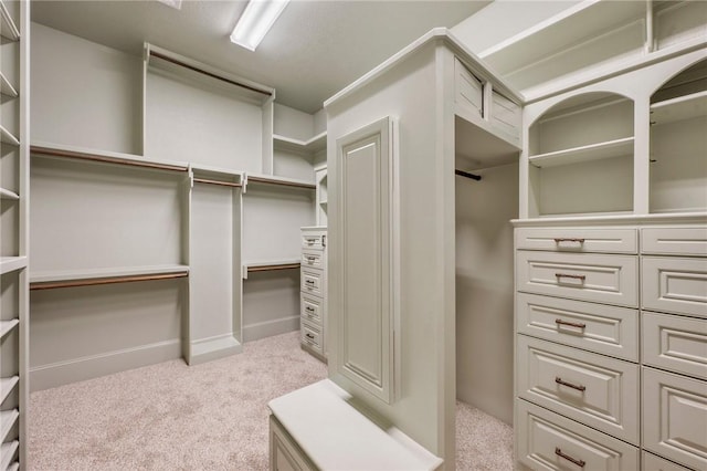 walk in closet with light colored carpet