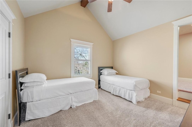 bedroom with high vaulted ceiling, a ceiling fan, baseboards, and beamed ceiling