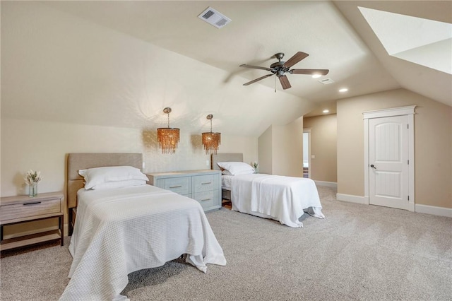 bedroom featuring lofted ceiling, recessed lighting, visible vents, light carpet, and baseboards