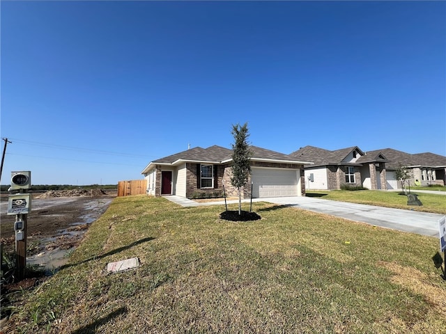 ranch-style house featuring ac unit, a front yard, and a garage