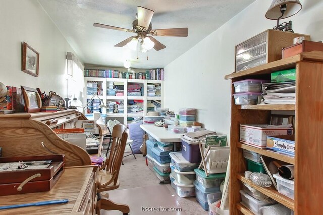 office featuring ceiling fan and light carpet