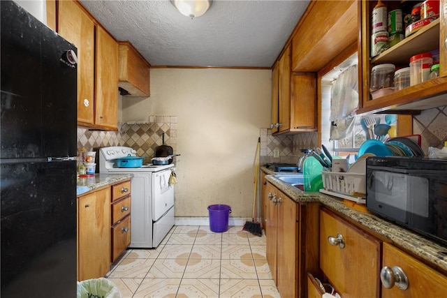 kitchen featuring a textured ceiling, black appliances, tasteful backsplash, ornamental molding, and light stone counters