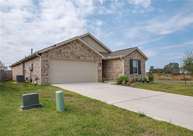 view of front of home with a garage, a front lawn, and cooling unit