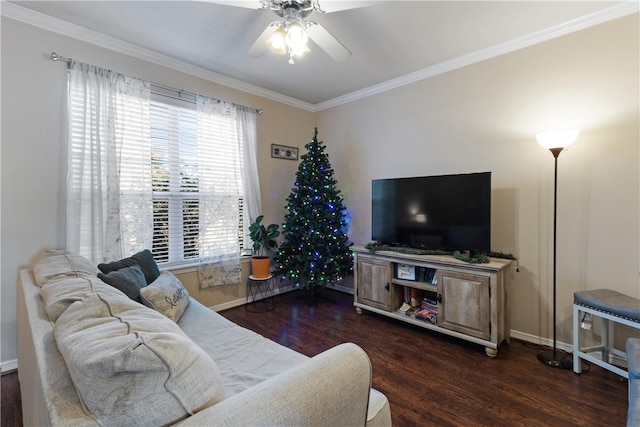 living room with crown molding, ceiling fan, and dark wood-type flooring