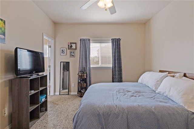 bedroom with light colored carpet and ceiling fan