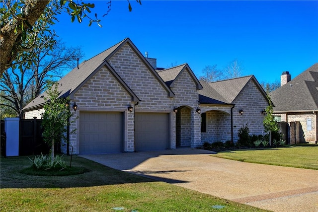 french provincial home with a front yard and a garage