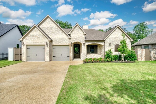 3317 Legacy Ct, Bryan, TX 77802 - french provincial home with driveway, an attached garage, a chimney, roof with shingles, and stone siding