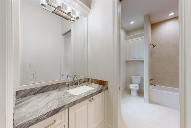 full bathroom featuring tile patterned floors, vanity, toilet, and tiled shower / bath