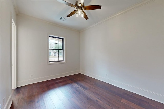 unfurnished room with crown molding, ceiling fan, and dark wood-type flooring