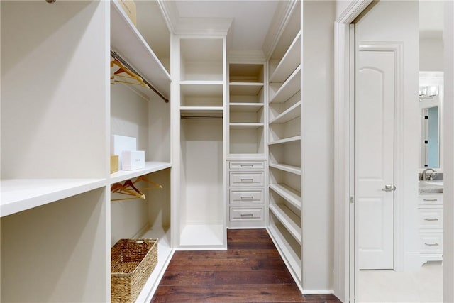 spacious closet with dark hardwood / wood-style flooring and an inviting chandelier